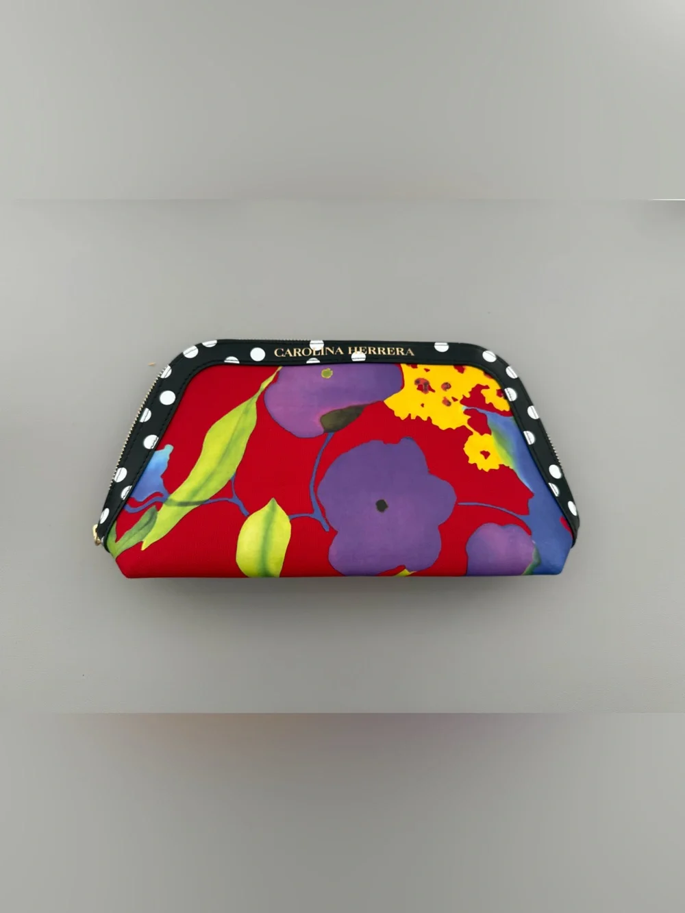 Carolina Herrera Red Floral Cosmetic Pouch with Polka-Dot Trim